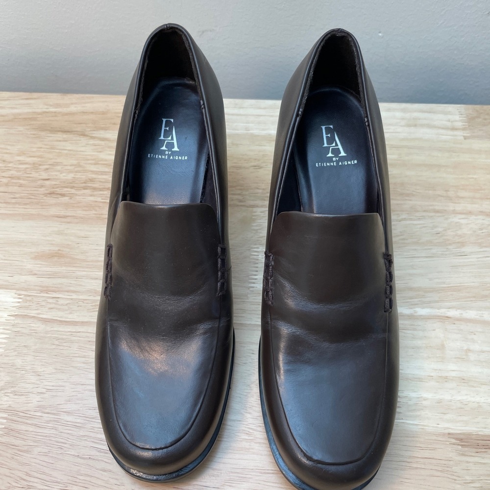Etienne Aigner Foster Womens Brown Leather Block Heel Loafers Shoes Size 6